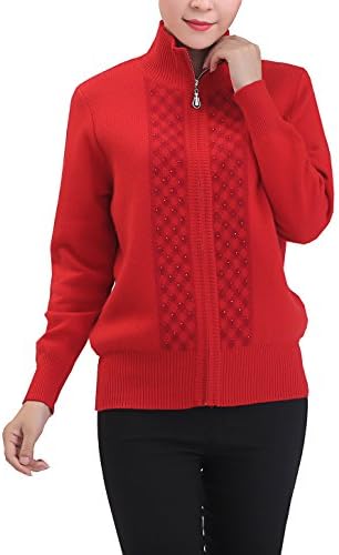 METERDE Women's Mother's Winter Outwear Warm Knit Zip Cashmere Cardigan Red M