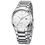 Voeons Silver Steel Band Watches for Men Classic Stainless Steel Watch Casual Business Quartz Analog Wrist Watch with Calendar