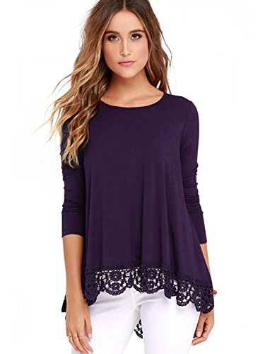 RAGEMALL Women's Tops Long Sleeve Lace Trim O-Neck A-Line Tunic Blouse Tops for Women Purple XXL