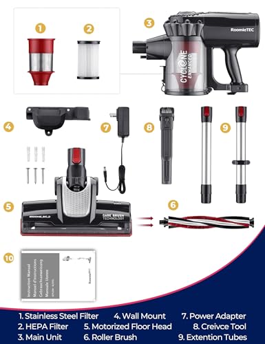 Roomie Tec StickVac Cordless Vacuum Cleaner for Home – 2200mAh Battery, High Suction Power, Lightweight & Self-Standing Design, with HEPA Filter and LED Lights - for Floors, Cars & Dorm Cleaning