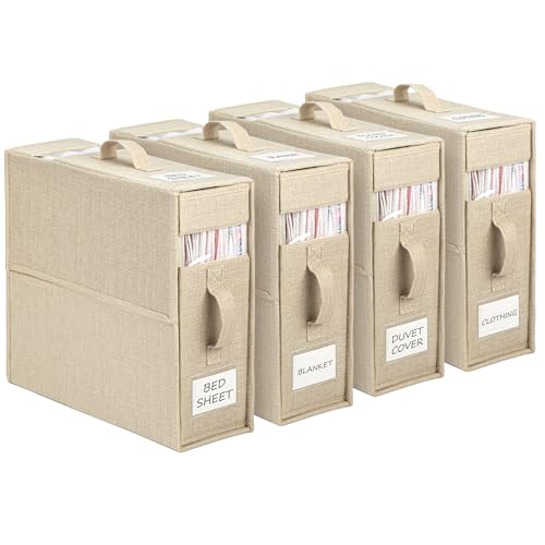 Yeahshion Bed Sheet Storage Bag, Set of 4 Foldable Bedding Organizers, Convenient Bedding Storage and Blankets for King and Queen Bed, Beige