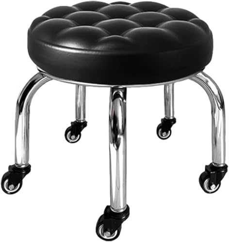 Professional Rolling Pedicure Stool| Low Chair With Tufted Cushion| Round Swivel Mini Stool Pu Leather (Black)