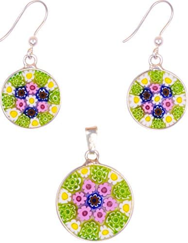 Corte Murrina Millefiori Earring/Pendant Set, Handmade in Murano, Sterling Silver 925 Imported from Italy