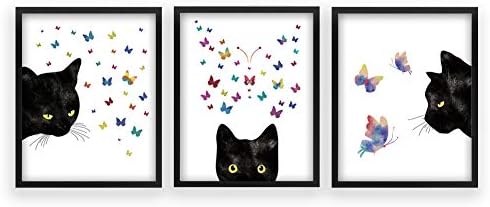 Black Cat Black Cat With Butterfly Framed Art Print，Set Of 3 Watercolor Kitty Poster，Ready to Hang Kitten Animal Canvas Wall Art For Living room ,Bedroom Decor,8X10inch