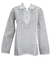 Mogul Women's White Hand-Embroidered Cotton Shirt Tunic Top Blouses L