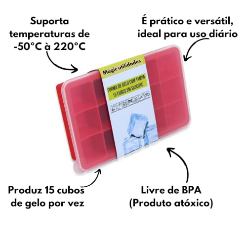 Kit Com 2 Formas de Gelo em Silicone com Tampa Ideal Para Congelar Papinha Bebê Livre Bpa Produz 15 Cubos de Gelo Por Vez de 35ml Cada Prática Resistente Magic Utilidades