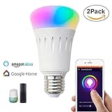 2Pack Smart Bulb Compatible with Alexa,Google Home,Wifi Smart Light Bulb,Dimmable,Timer Switch,Multicolored,No Hub Required,Remote Control,Scene Mode,Wake Up Lights Function
