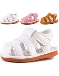 CINDEAR Squeaky Pu Leather Closed-Toe Sandals for Infant Boy Girl Rubber Sole Anti-Slip Slippers Shoes White 1302-WT15(Inner Length 11.5cm/4.5in)