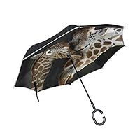 Jojogood Giraffe Inverted Umbrella Reverse Auto Open Double Layer Windproof UV Protection Upside Down Umbrella for Car Rain Outdoor Use