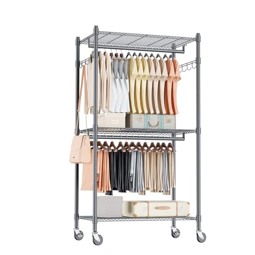 Himimi Double Coat Rack with Height-Adjustable Shelves, Coat Rack with 2 Hooks, Clothes Trolley with Wheels, 60 x 42 x 205 cm, Grey