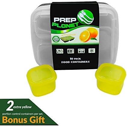 10 Prep Planet 3-Compartment Bento-style Food Containers | Durable, Reusable and Lightweight | Microwavable and Dishwasher Safe | BONUS: 2 portion control containers