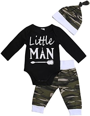 Sleezy 3Pcs Newborn Baby Boys Little Man Arrow Black Romper Bodysuit Hats Camouflage Pants Clothes Outfits (Tag 70/ 0-6 Months, Black&Camouflage)