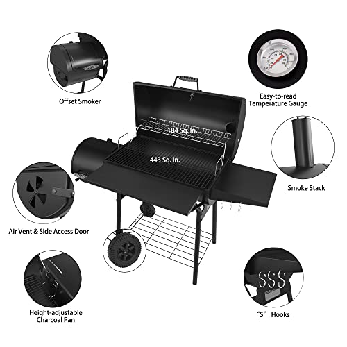 Royal Gourmet CC1830SC Charcoal Grill Offset Smoker with Cover, 811 Square Inches, Black