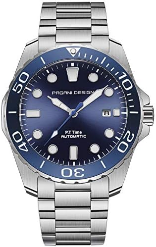 Pagani Design Men's Automatic Mechanical Simulation Watch Stainless Steel Waterproof Date Luminous Wristwatch Blue
