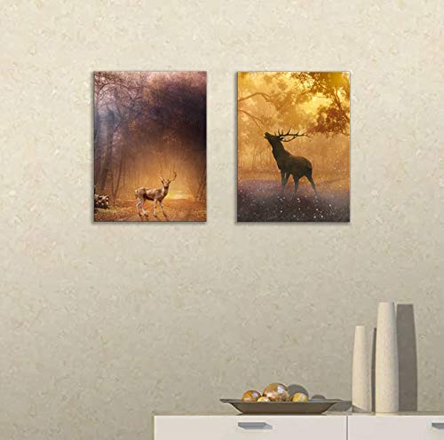 Deer Canvas Wall Art for Living Room Bathroom Buck and Sika Prints Painting 12×16 Inch in 2 Pieces Brown Wall Pictures Deer Decorations for Home Decor Autumn Forest Scenic with Frame Ready to Hang