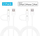 Apple MFi Certified Lightning Cables [2-Pack] - Skiva USBLink Duo 2-in-1 Sync and Charge Cable (3.2ft / 1m) with Lightning & microUSB for iPhone X 8 8Plus 7 6s plus SE, Samsung Galaxy S7 [Model:CB126]