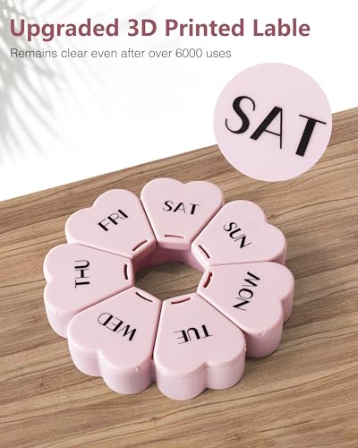 FHORAIN Weekly Pill Organiser, Cute, 7 Day, Large Compartments, Portable Tablet Box, Round, Vitamin and Supplement Case (Pink)