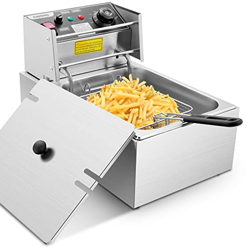 Electric Deep Fryer with Basket & Lid, 1500W 6L Stainless Steel