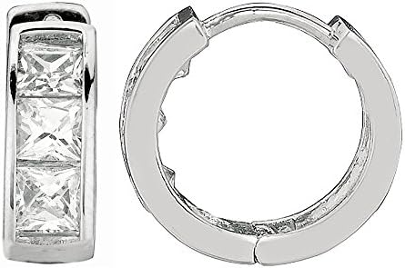 14K Real White Gold Cubic Zirconia Princess-cut Huggie Baby Hoop Earrings 3x9mm