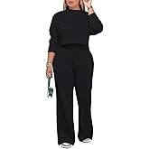 PINSV Women's 2 Piece Outfits Sweatsuit Set Long Sleeve Crop Top Drawstring Wide Leg Pants with Pockets Tracksuits Casual Set