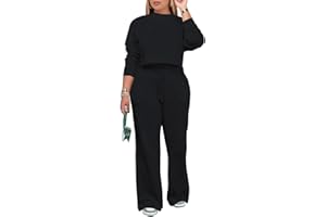 PINSV Women's 2 Piece Outfits Sweatsuit Set Long Sleeve Crop Top Drawstring Wide Leg Pants with Pockets Tracksuits Casual Set