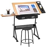 Kealive Drafting Table Height Adjustable Drawing Desk Tiltable Tabletop and Thick Padding Stool, Art Desk Storage Table 2 Drawers Side Board Reading, Writing, Drawing Art Craft Work Station