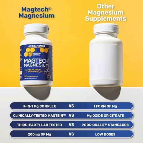 MagTech Magnesium Supplement - 3 Forms of Magnesium: Magtein L-Threonate, Glycinate & Taurate - 200mg Chelated Magnesium Complex - Supports Relaxation & Brain Health - 180 Capsules