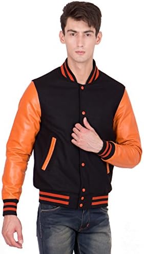 Caliber India Burnt Orange Leather Sleeves &amp; Black Wool Body Varsity Jacket-Men 3X-L