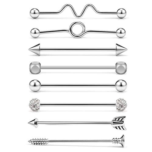 AceFun 8 Stk in 8 Stil 14 Gauge Industrial Piercings Stab Barbell 38mm 316L Chirurgenstahl Ohr Piercing Schmuck Silber Farbe