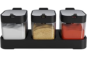 NAN WIND Glass Condiment Spice Jars,5.6Oz/255 ml Condiment Jar Spice Container with Lids and Spoons and Tray,Clear Glass Condiment Canisters Pots for Salt Pepper,Seasoning Box 3 Set for Kitchen Counter