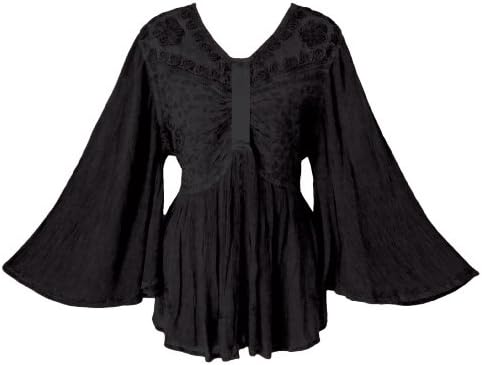 Crepe Blouse, Full Bell Sleeve, Hand Embroidery (3X/3L, Black)
