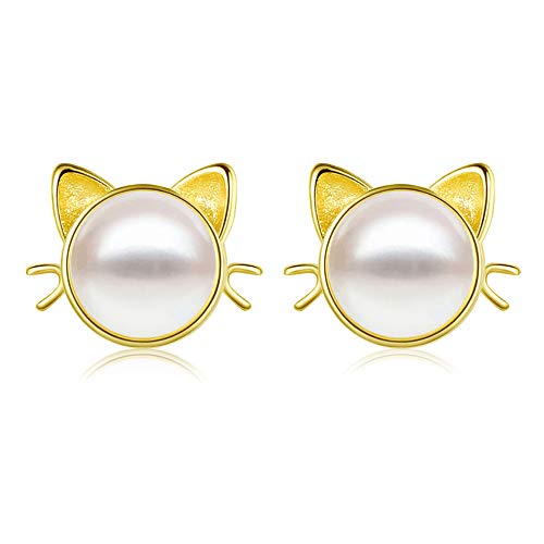 Cat Stud Earrings for Women Girls 8mm Freshwater Pearl Stud Earrings 18K Gold Plated 925 Sterling Silver Ear Studs for Cat Lovers