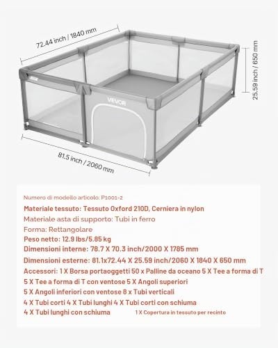 Recinto per Bambini, 2000 x 1785 mm per Neonati, Recinto da Interno Esterno, Centro Attività di Sicurezza Senza Fessure con 50 Palline Oceaniche, Porta con Cerniera e Morbida Rete Traspirante