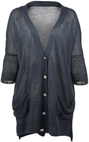 QYQS Women's Lightweight Short Sleeve V Neck Linen Knitted Cardigan Dark Blue