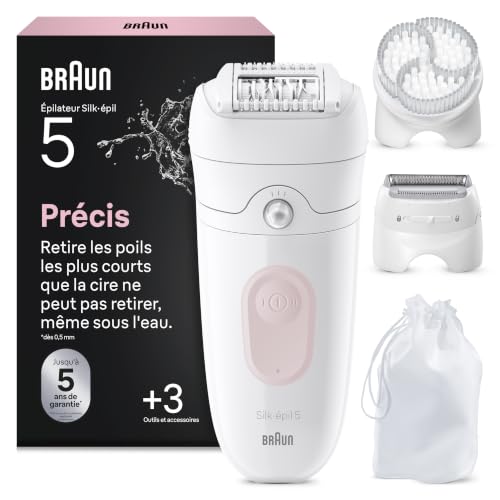 Braun Epilateur Electrique Femme Silk Epil 5, 5-060, Blanc et Rose Flamant – Etanche, sans Fil, Embout Rouleau de Massage, Coffret Epilation avec Tête de Rasage, Sabot Tondeuse, Brosse Exfoliante