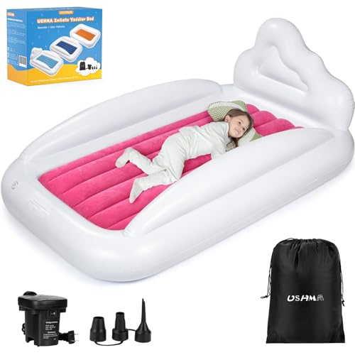 USHMA Inflatable Toddler Travel Bed, Double-Sided Kids Air Mattress | Kids Blow up Mattress with Sides | Travel Portable Toddler Bed for Travel, Sleepovers - Pink & & Aquamarine