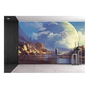 Scenery of Lonely Woman Looking at Another Earth,Illustration Painting - Removable Wall Mural | Self-Adhesive Large Wallpaper - 66x96 inches
