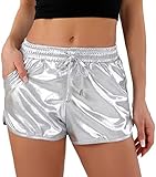 POSHDIVAH Silver Metallic Shorts for Women Hot Sparkly Shiny Shorts with Elastic Drawstring M