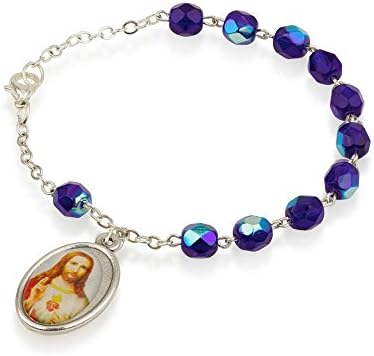 Marina Jewellery Blue Faceted Glass Beads with Silver Plated Chain, Sacred Heart Pendant Medallion, Lobster Clasp