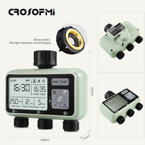 CROSOFMI 3 Way Automatic Digital Watering Timer Irrigation Timer Programmer Garden Irrigation /IPX5 Waterproof/Rain Delay/Manual Watering Mode