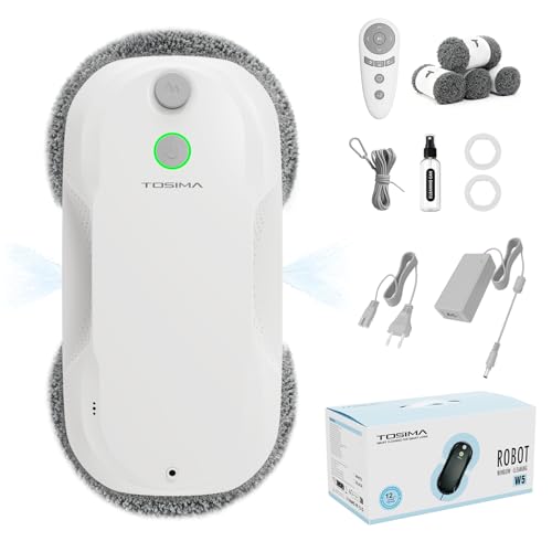 Tosima W5 Window Cleaning Robot, Dual Direction Auto-Spray Smart Window Cleaner with Triple Safety System, Smart Navigation, Remote Control, for All Smooth Surfaces, with 8 Rags, White Robotic Vacuums