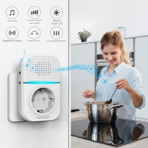 TECKNET 400m Wireless Doorbell IP65 Waterproof Electronic Chime Door Bell with Charging Function and LED Light, 60 Melodies at 5 Levels Volume