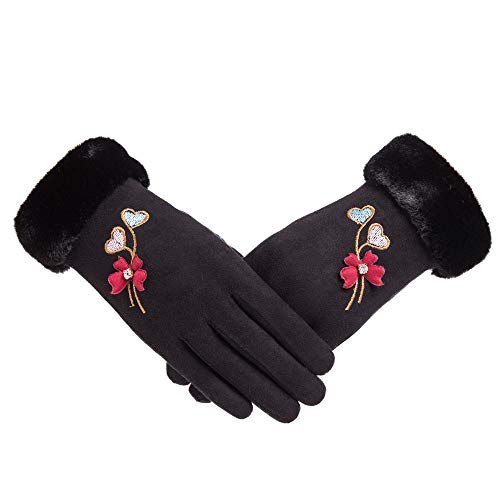 Pausseo Women Deerskin Flower Gloves,Lady Winter Warm Outdoor Sport Full Finger Solid Color Touchscreen Mittens Fleece Thicken Plush Outdoor Mittens Students Knitted Wool Casual Play Snow - Thumbnail 5