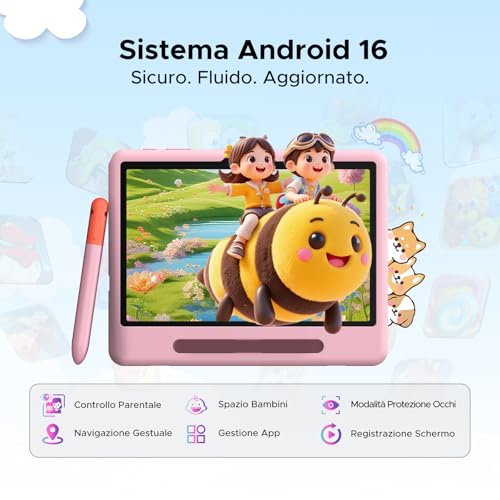 Easerush P10 Kid Tablet con Penna Custodia in Silicone, Rosa | Tablet 10 Pollici con 32GB RAM+64GB ROM Tablet per Bambini, 90Hz Tablet Android 16 & Gemini AI, 7000mAhT310/5G WiFi/8MP+5MP