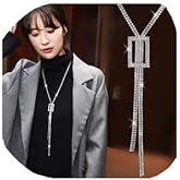 Sither Crystal Tassel Pendant Necklace for Women Long Y Necklace Silver Sweater Chain Necklace Wedding Dressy Necklace Jewelry for Winter Evening Party Christmas Gift