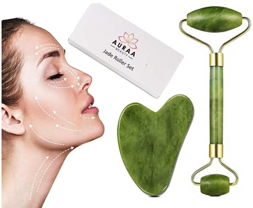 Jade Roller for Face and Gua Sha Set Beauty Cosmetic Facial Skin Roller Massager Tool Natural Green Jade