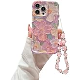 Pretaco for iPhone 16 Pro Max Wavy Case, [Curly Protection Frame][Vintage Glossy Oil Painting Floral Print] with Lovely Bead Chain for Grils and Women (Pink)