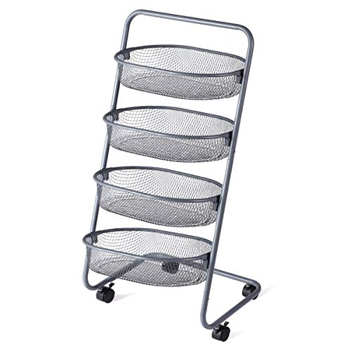 Buruis 4 Tier Utility Cart, Mesh Wire Rolling Cart Multifunction Storage Cart with Wheels for Bathroom/Kitchen/Living Room, Steel Wire Basket Shelving Trolley, Easy Assembly (Grey)