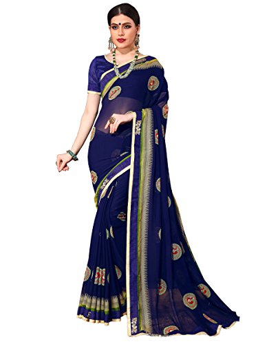 ELINA FASHION Saree For Women Blue Royal Chiffon Foil Print Embroidery Sarees