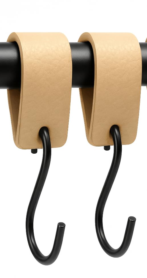 Brute Strength - Leather S Hooks for Hanging - Natural - 2 Pieces - Incl. Silver & Black Hooks for Hanging Coats, Cups, Towels, Kitchen Leather s-Hooks